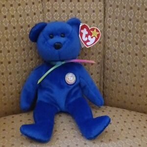 Ty Vibrant Blue Stuffed Bear with Rainbow Ribbon